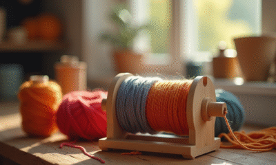Gros plan sur un ourdissoir de laine avec écheveaux colorés