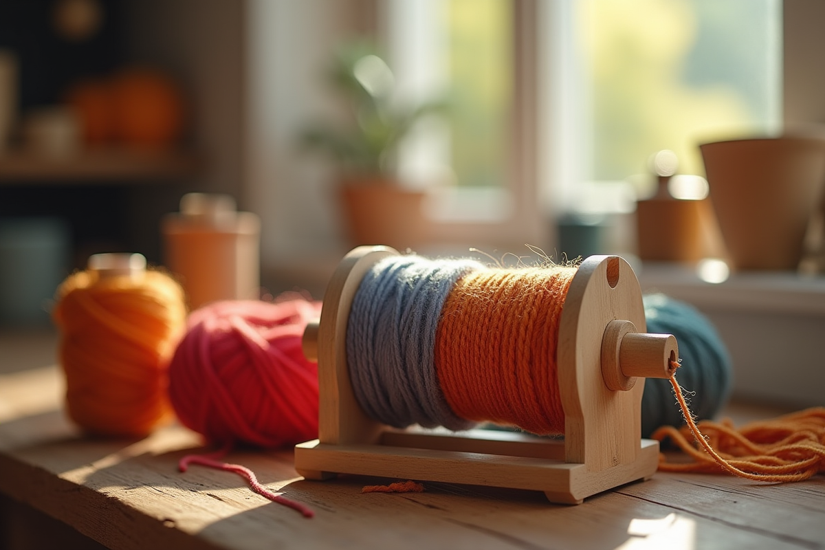 Gros plan sur un ourdissoir de laine avec écheveaux colorés