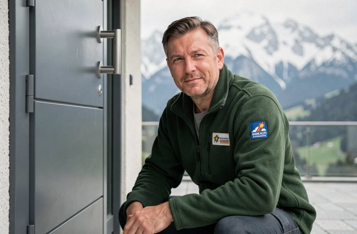 Technicien AAVS Rhône-Alpes installant une serrure multipoints sur une porte résidentielle