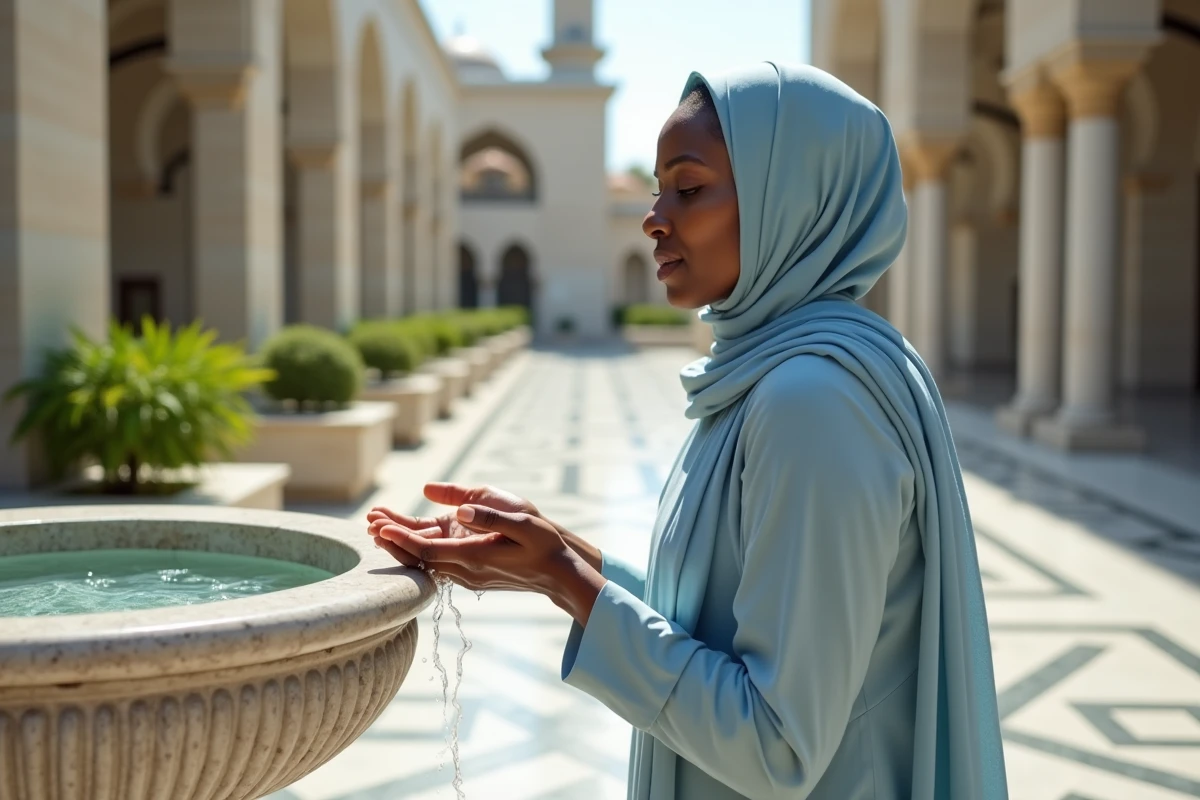 Femme musulmane accomplissant les ablutions au visage devant une fontaine de mosquée selon les étapes de la sunna