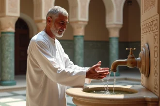 Homme effectuant les ablutions rituelles au bassin de pierre d'une mosquée selon la sunna
