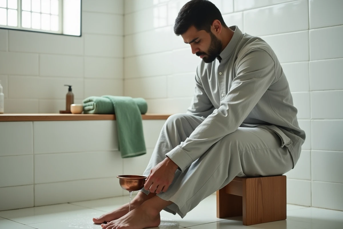 Jeune homme pratiquant le lavage des pieds lors des ablutions islamiques dans une salle de bain moderne