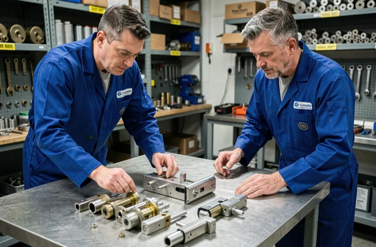Deux techniciens de Ac Pro Serruriers SARL inspectant un mécanisme de serrure en atelier