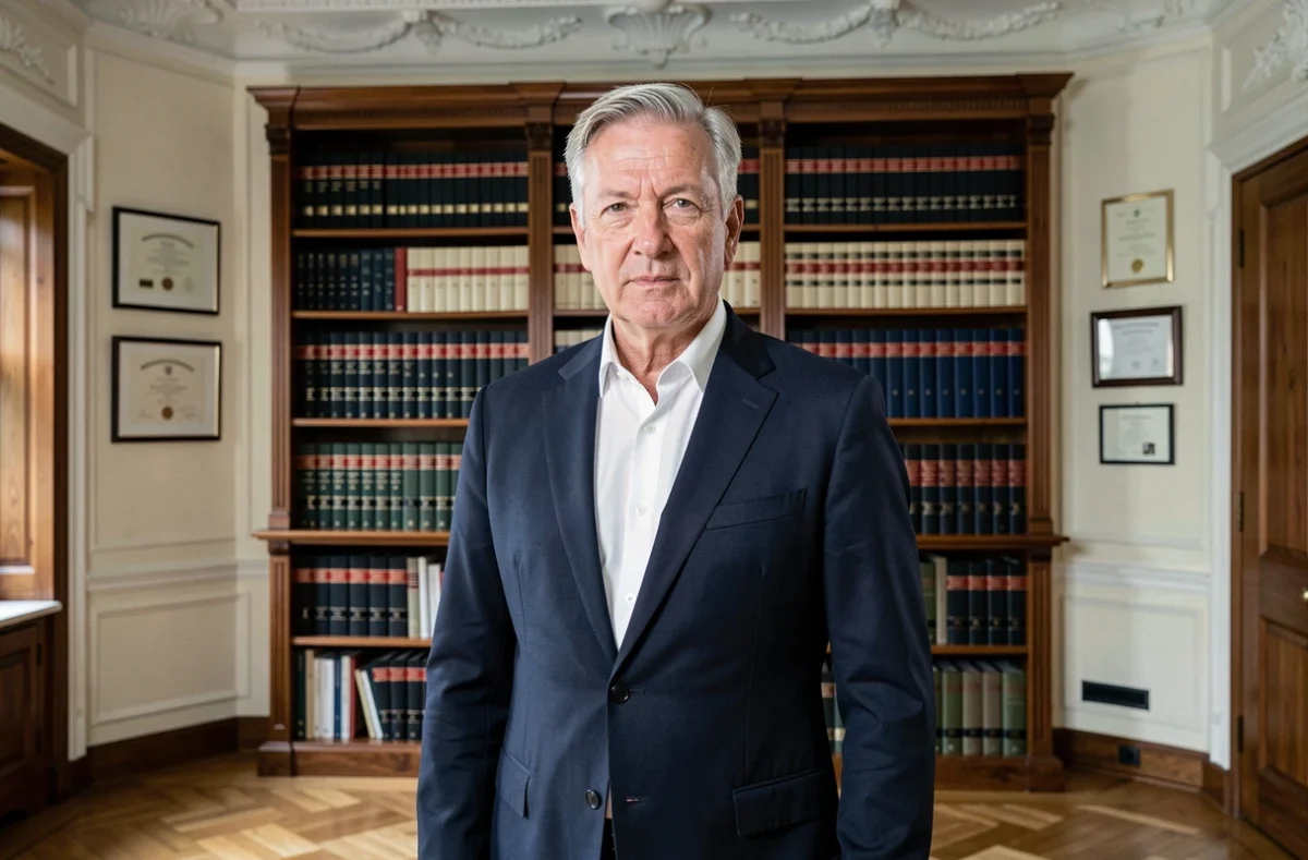 Avocat senior en costume sombre se tenant devant une bibliothèque juridique dans un cabinet historique de droit civil et commercial