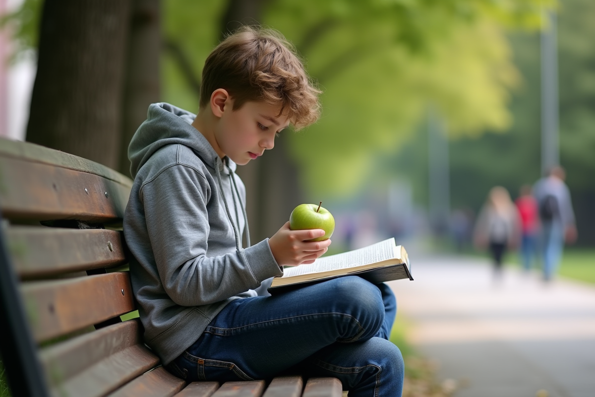 Adolescent lisant un livre dans un parc avec une pomme verte