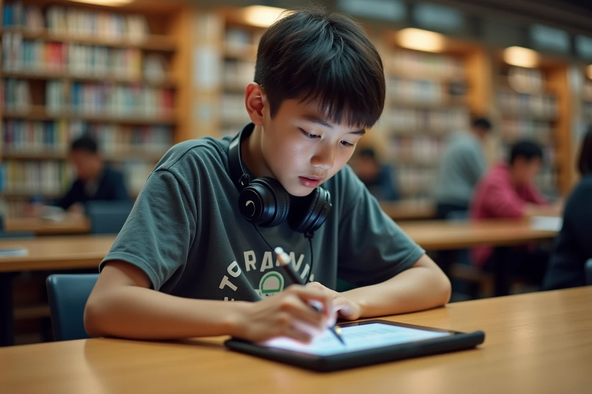 Adolescent concentré lisant un chapitre de manga sur tablette dans une bibliothèque publique