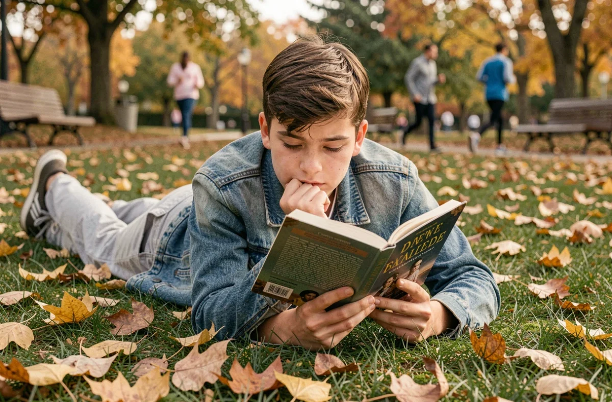 Adolescent lisant un roman young adult allongé dans un parc en automne, illustrant l'engagement du lecteur pour une histoire bien rythmée