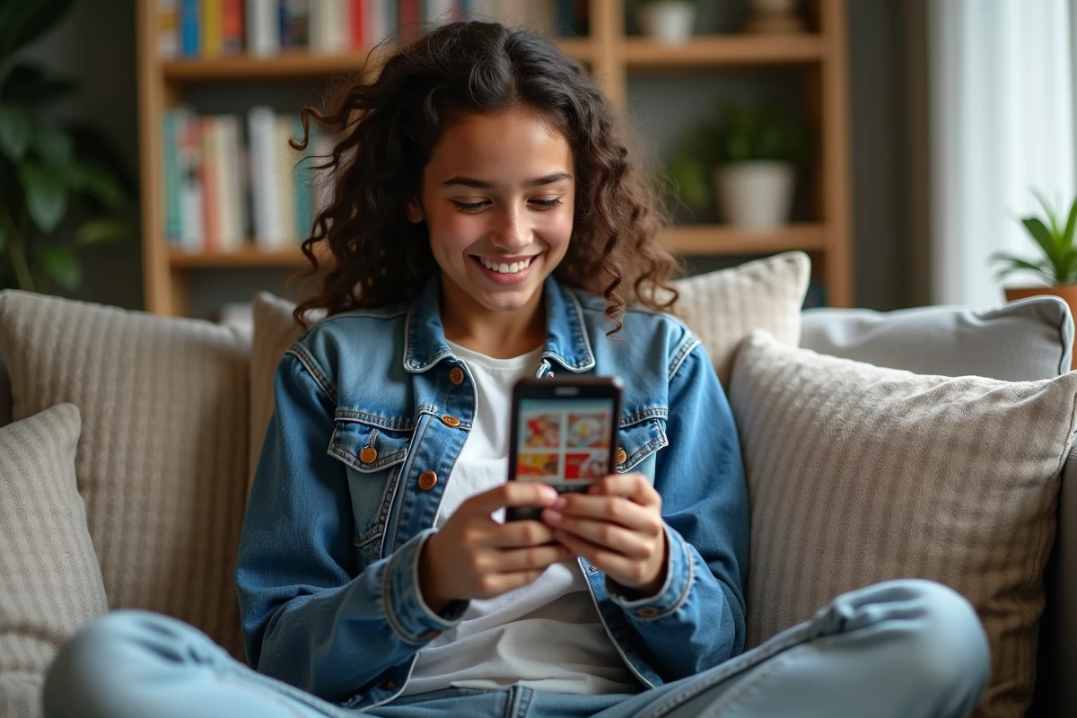 Adolescente souriante regardant un manga numérique sur son smartphone