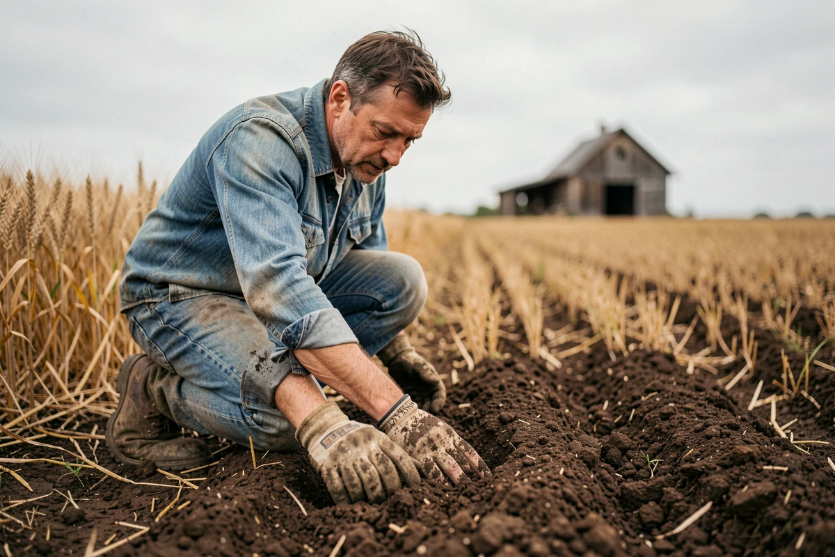 Agriculteur inspectant la qualité du sol dans un champ de blé, symbolisant les ressources naturelles renouvelables agricoles