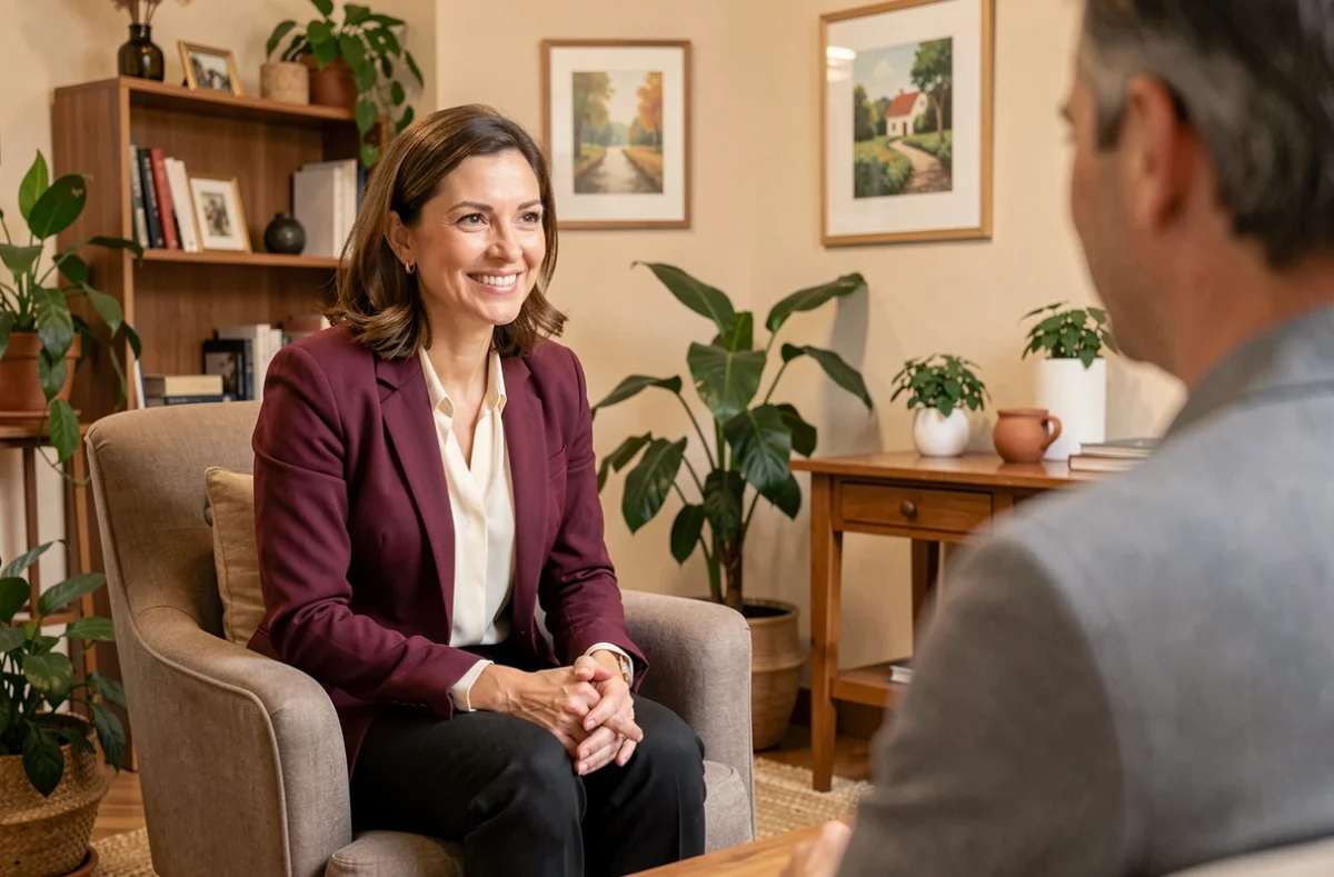Avocate chaleureuse en cabinet personnalisé à Chalon-sur-Saône en consultation individuelle avec un client dans un espace accueillant