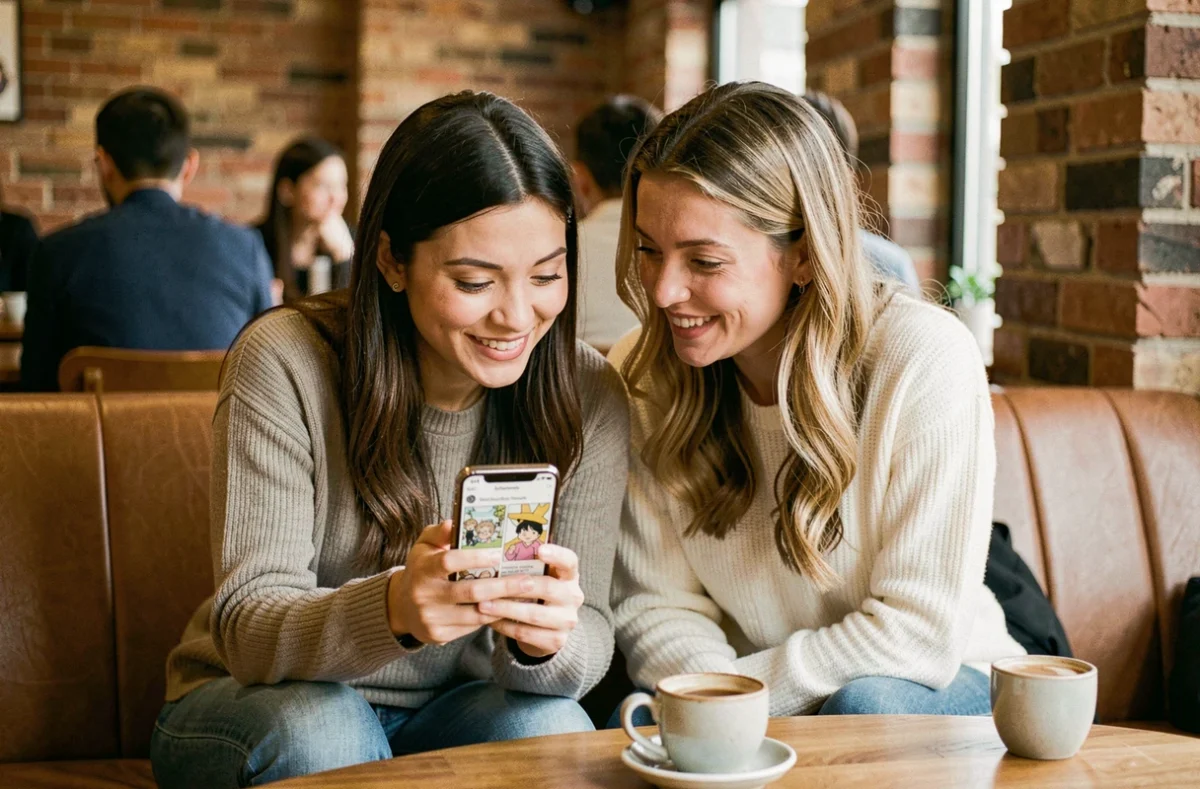 Deux amies découvrant ensemble des sites de lecture de manga yaoi scan en français sur un smartphone dans un café