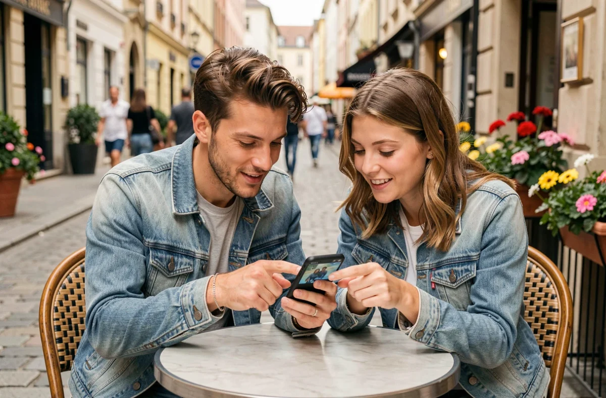 Deux amis à une terrasse de café découvrant ensemble des tours gratuits sur Coin Master