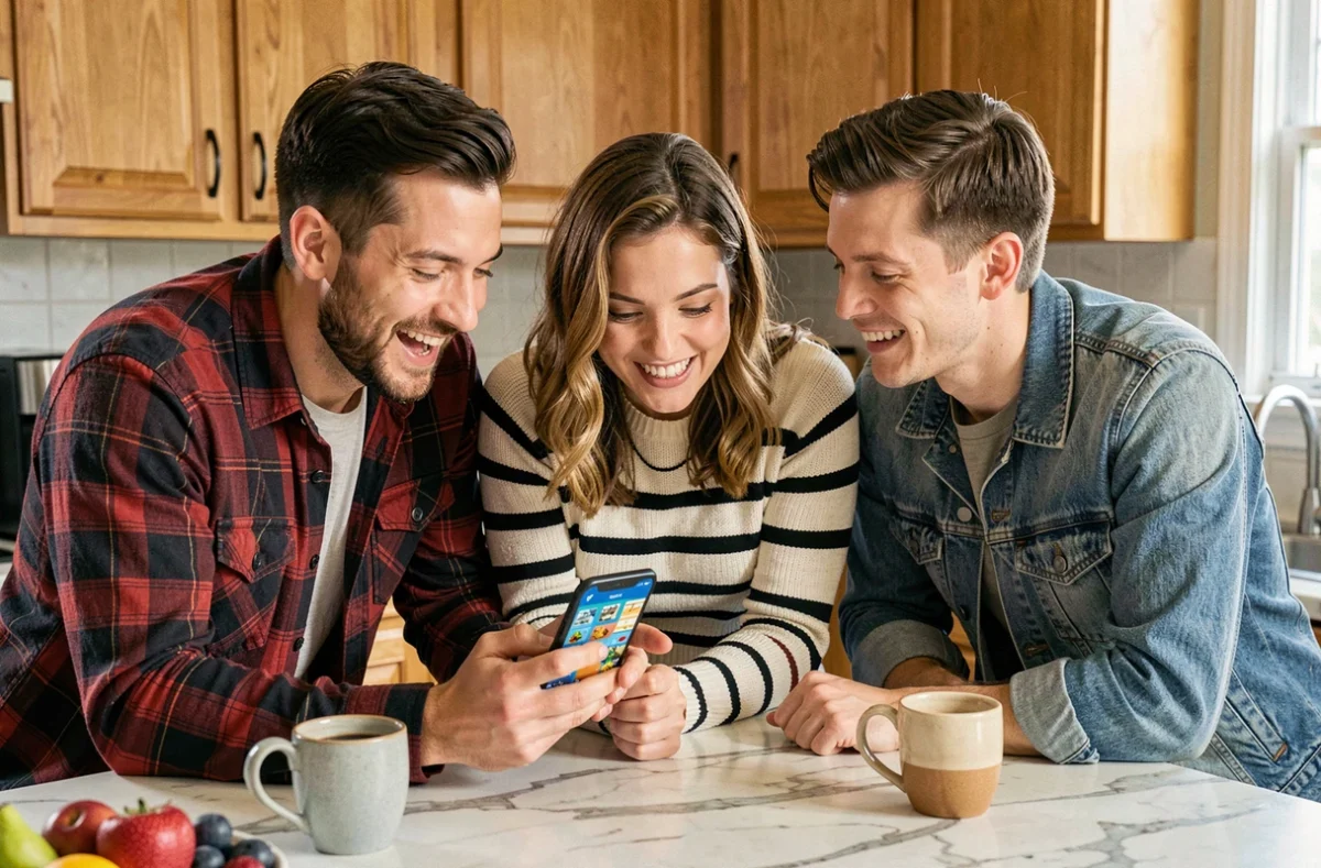 Groupe de trois amis réunis autour d'une table de cuisine regardant ensemble un jeu de plateau mobile sur smartphone avec des expressions amusées et intriguées