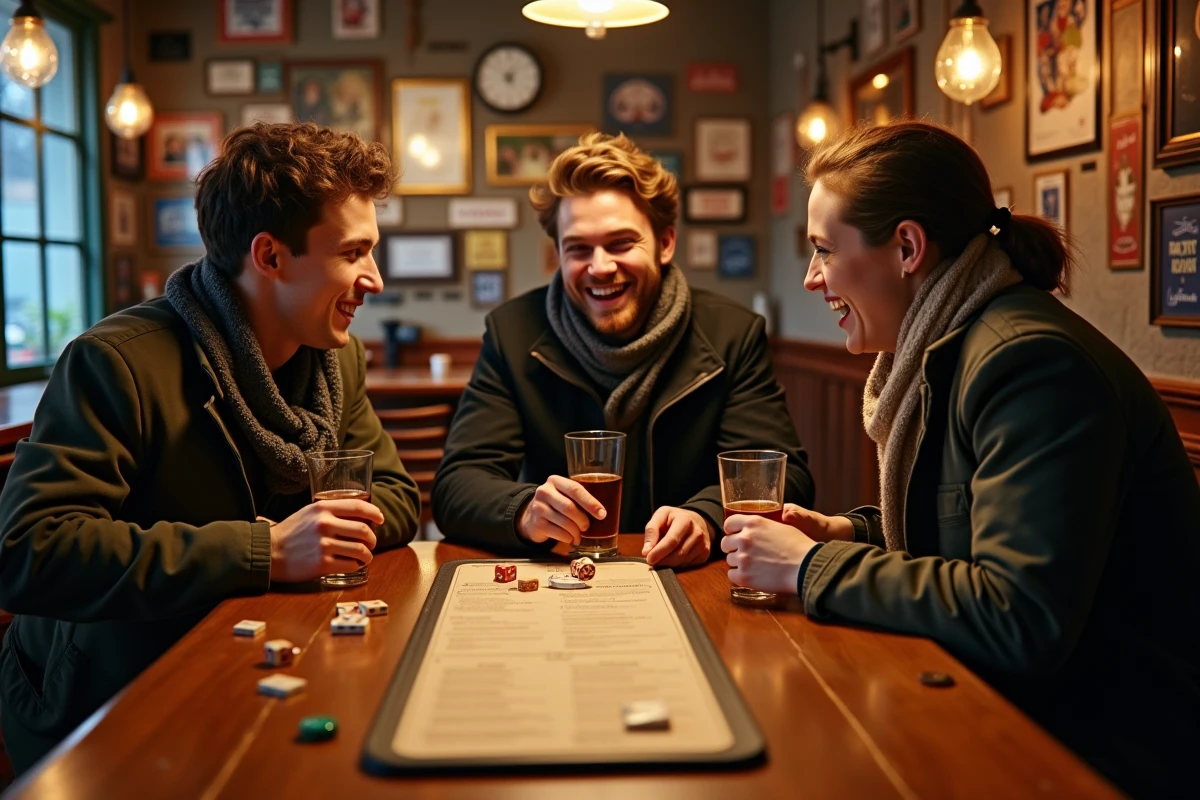Trois amis rient en jouant aux dés dans un bar français chaleureux