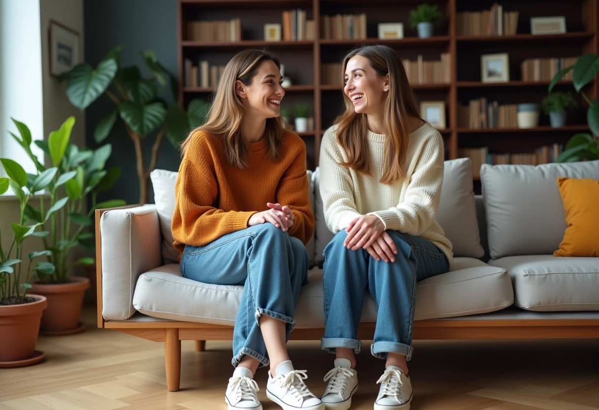 Deux amis en style androgynes discutant dans un salon chaleureux