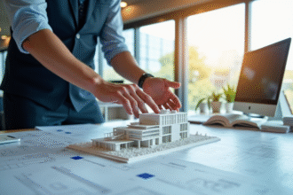 Architecte présentant un modèle 3D d un bâtiment moderne