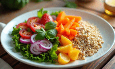 Assiette en céramique blanche avec légumes et grains et étiquette nutrition