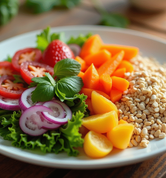 Assiette en céramique blanche avec légumes et grains et étiquette nutrition