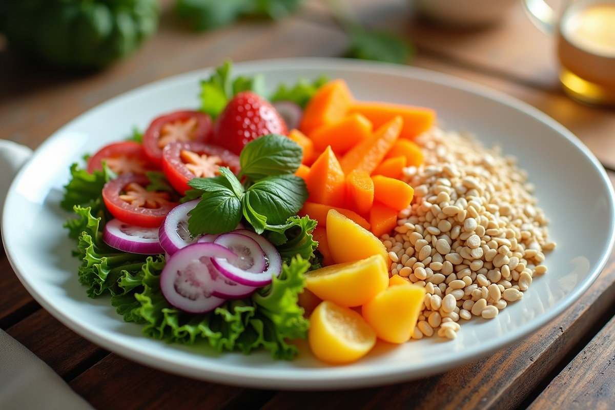 Assiette en céramique blanche avec légumes et grains et étiquette nutrition