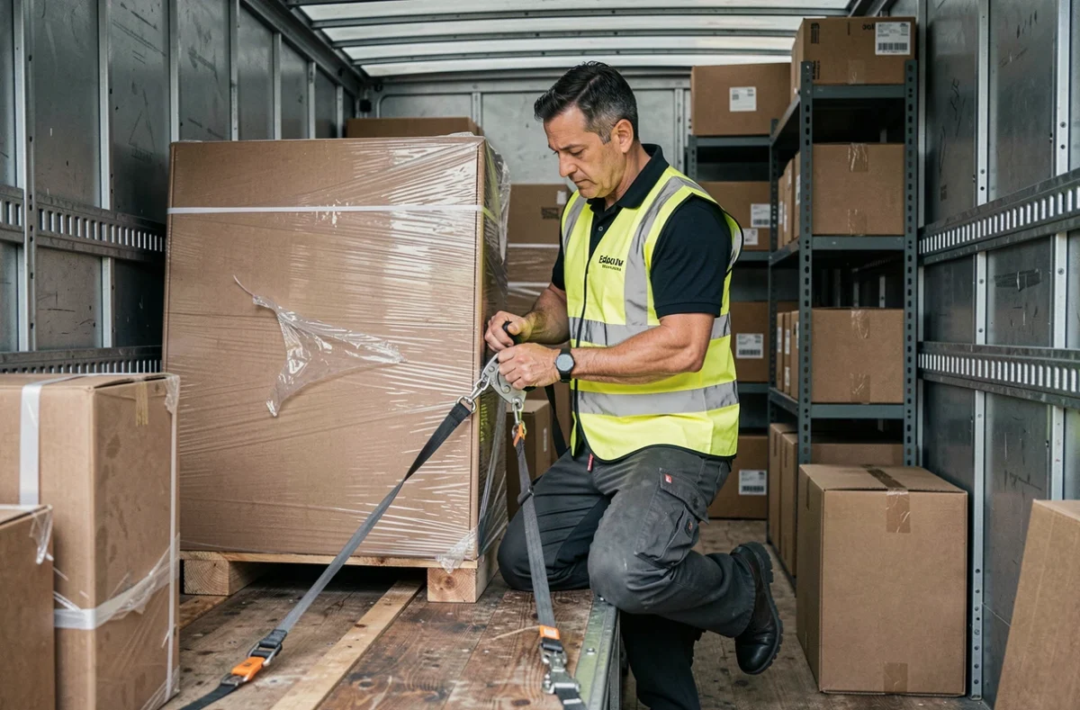 Professionnel de l'AUJE Déménagements Transports ADT sécurisant des meubles dans un camion de transport