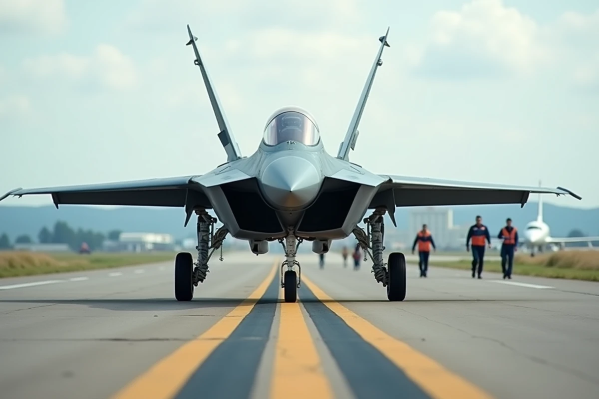 F-16 en taxi sur la piste avec équipe au sol