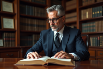 Avocat en costume navy dans son bureau lumineux