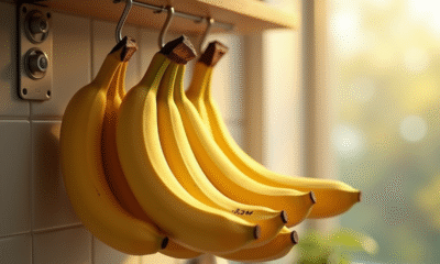 Bananes mûres suspendues dans la cuisine en lumière naturelle