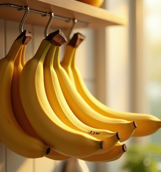 Bananes mûres suspendues dans la cuisine en lumière naturelle