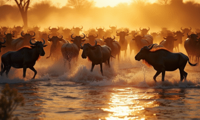 Herde de wildebeests traversant une rivière en migration