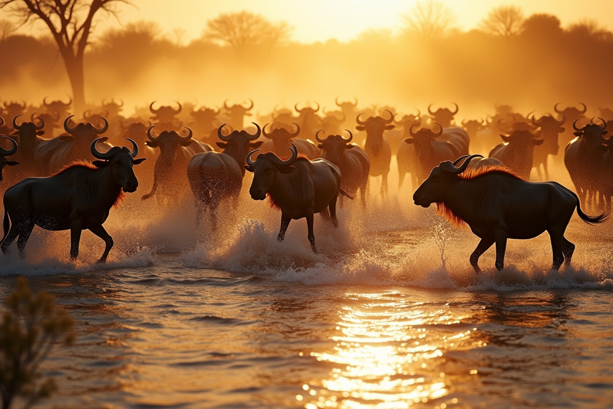 Herde de wildebeests traversant une rivière en migration