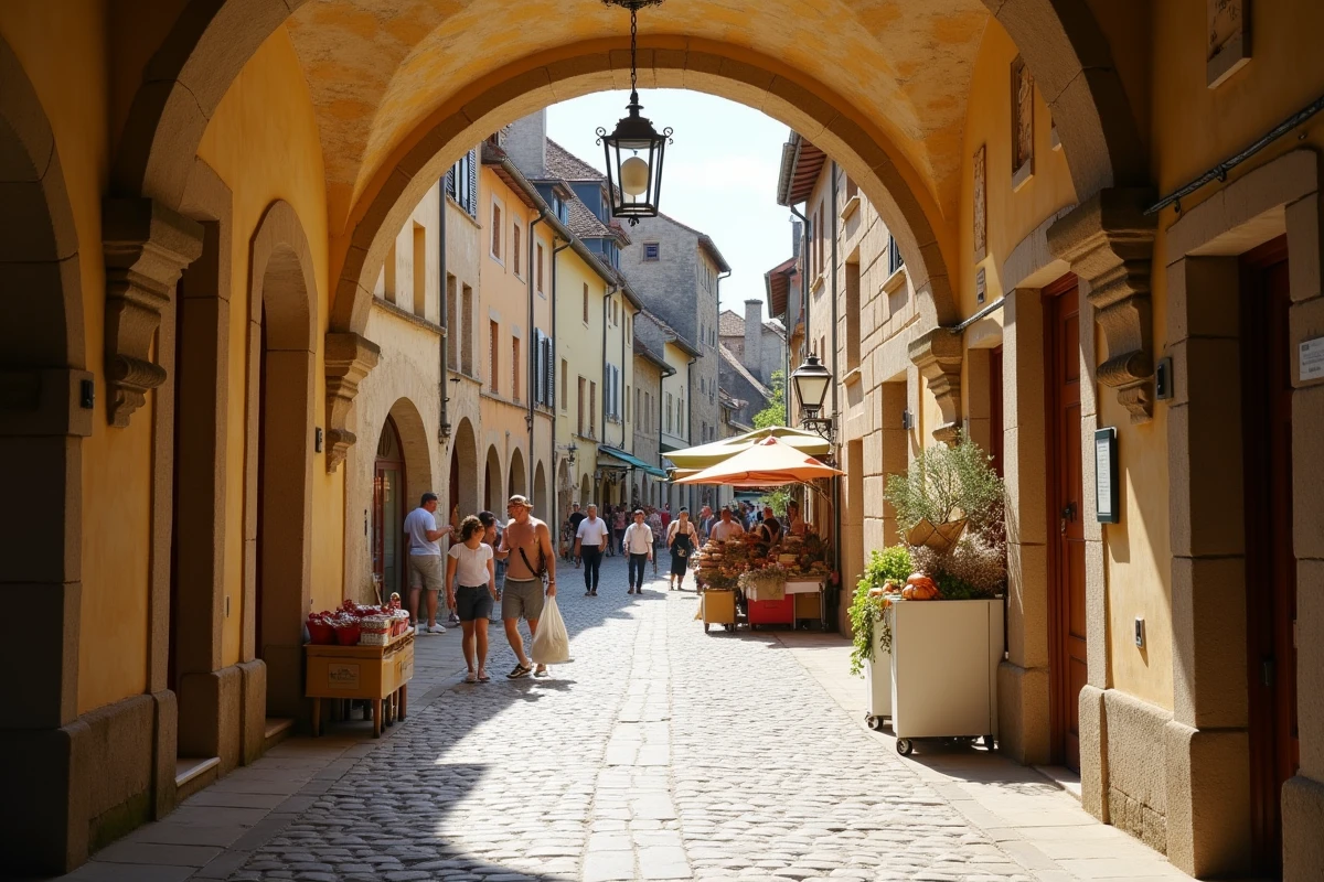Place de la bastide médiévale d'Eauze dans le Gers avec arcades en pierre et marché local