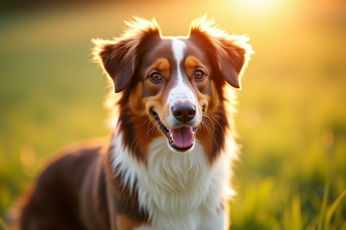 Chien berger australien marron en plein air ensoleille dans un champ