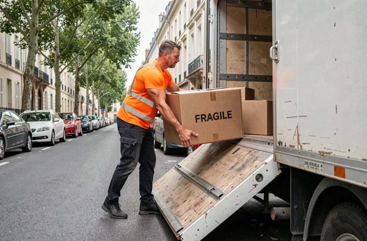 Déménageur de Big Déménagement soulevant une grande boîte fragile dans un camion sur une rue résidentielle