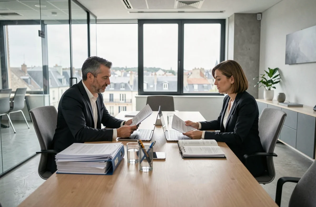 Deux avocats associés en réunion à Mâcon, spécialisés en droit pénal et dommages corporels, étudiant des documents juridiques
