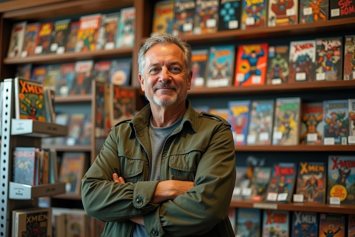 Homme dans une boutique de comics devant un mur de bandes dessinées Marvel X-Men Charles Xavier