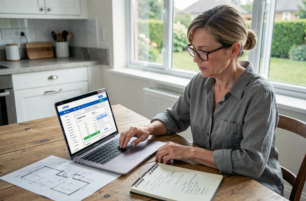 Femme utilisant un calculateur de charge électrique en ligne sur ordinateur portable pour planifier les circuits d'une maison individuelle