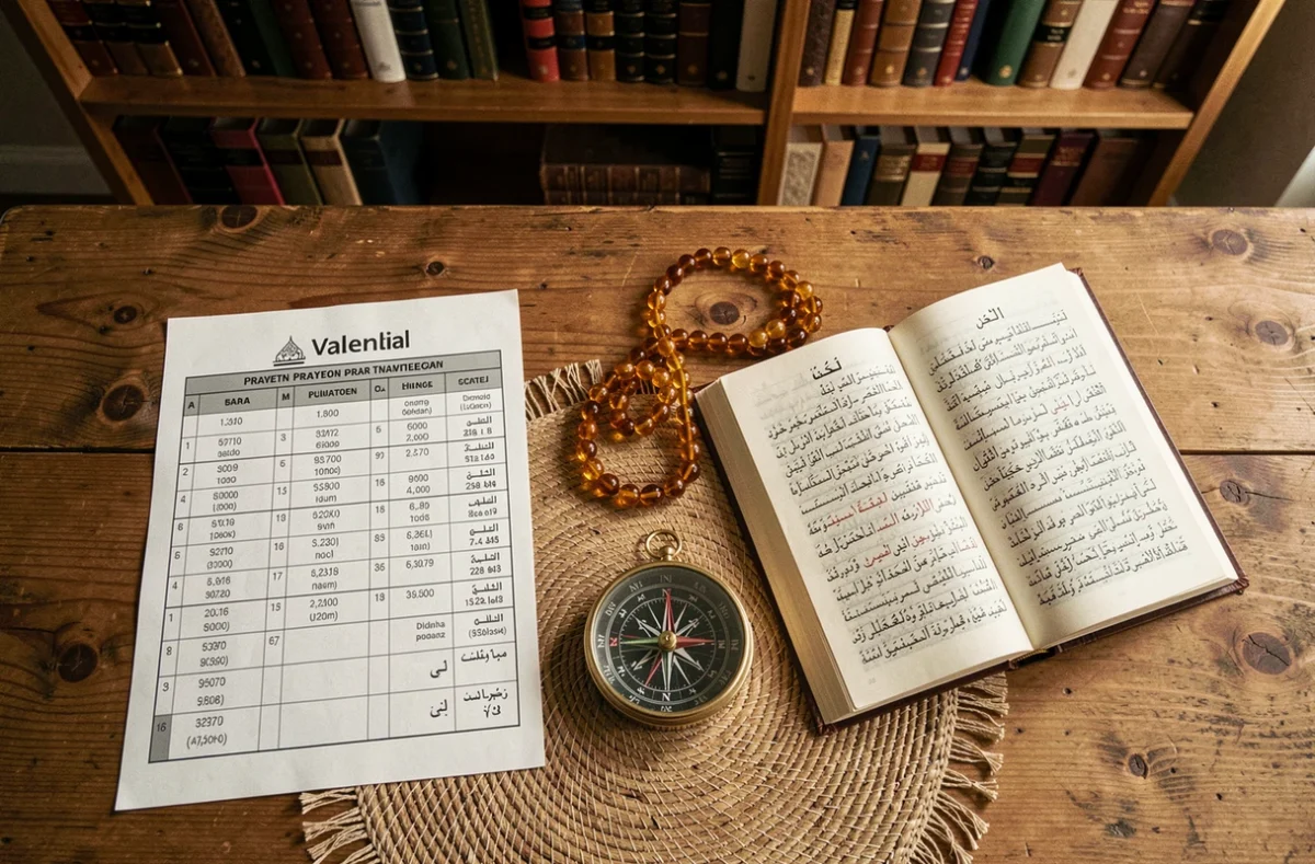 Table à plat montrant un calendrier de prière islamique, une boussole et des objets religieux à Valence