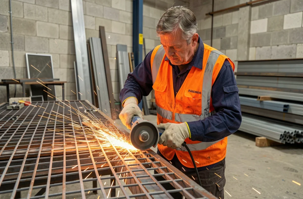 Ouvrier de Cengar Métal découpant une grille de sécurité en métal dans un atelier industriel