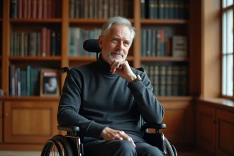 Homme en fauteuil roulant dans une bibliothèque tenant des comics Marvel, évoquant le personnage de Charles Xavier
