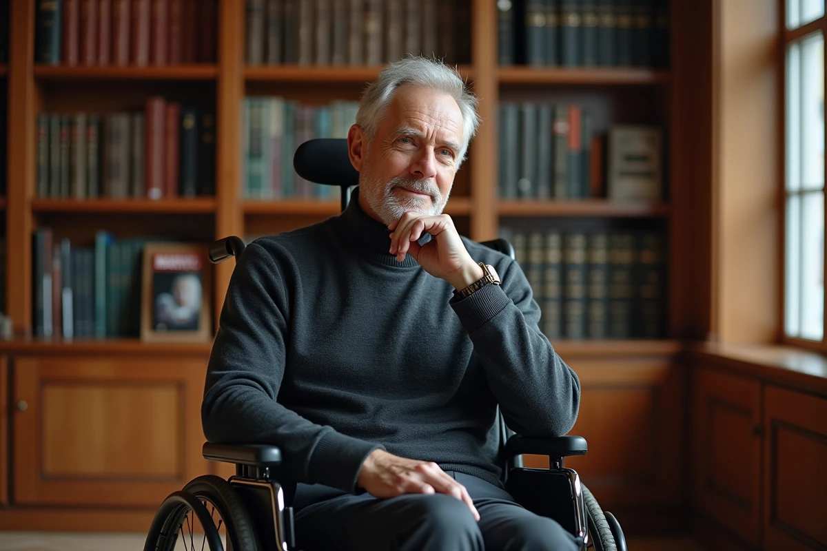 Homme en fauteuil roulant dans une bibliothèque tenant des comics Marvel, évoquant le personnage de Charles Xavier