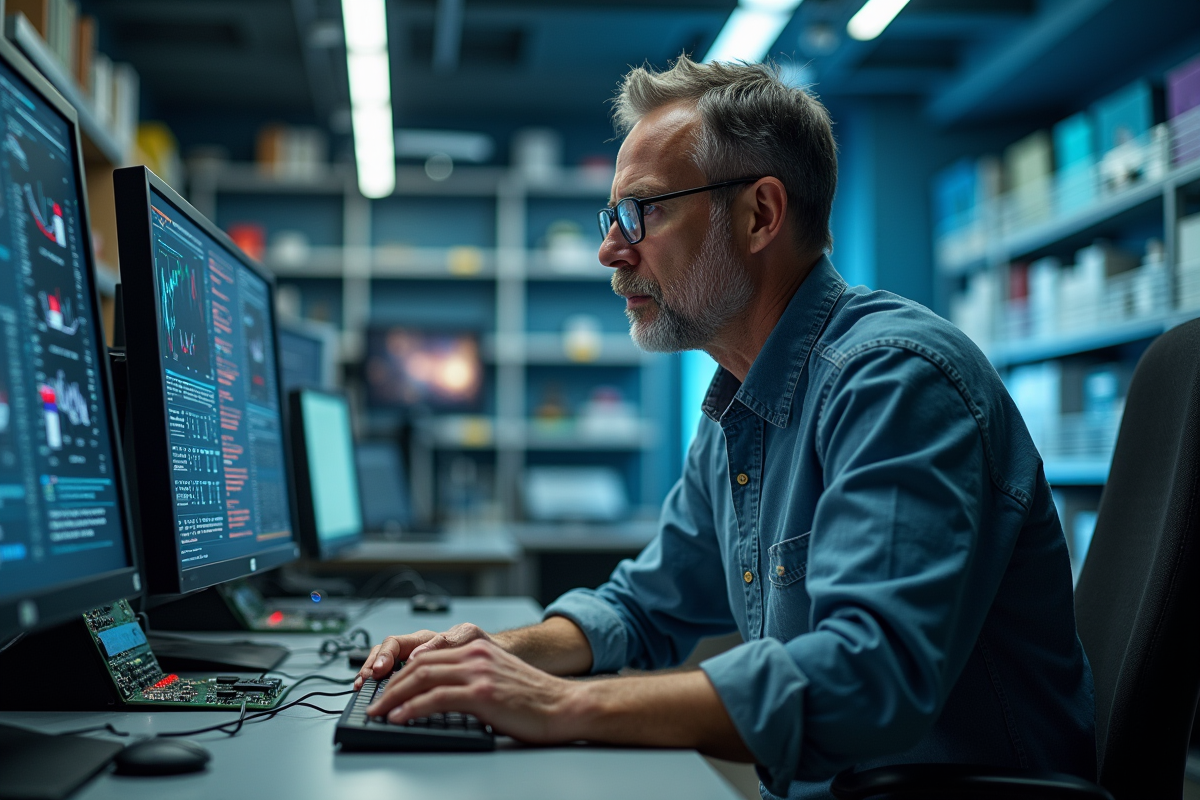 Chercheur en laboratoire observant un poste informatique complexe