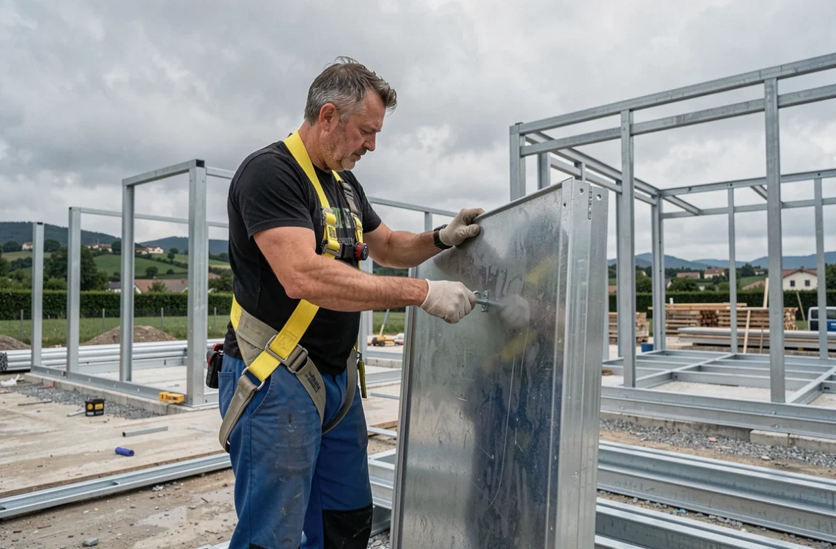 Ouvrier de CMP Constructions Métalliques Poses assemblant une structure métallique préfabriquée