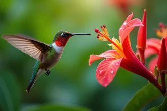 Colibri en vol stationnaire face à une fleur rouge tropicale dans un jardin luxuriant, symbolisant la mission de vie et l'émerveillement spirituel