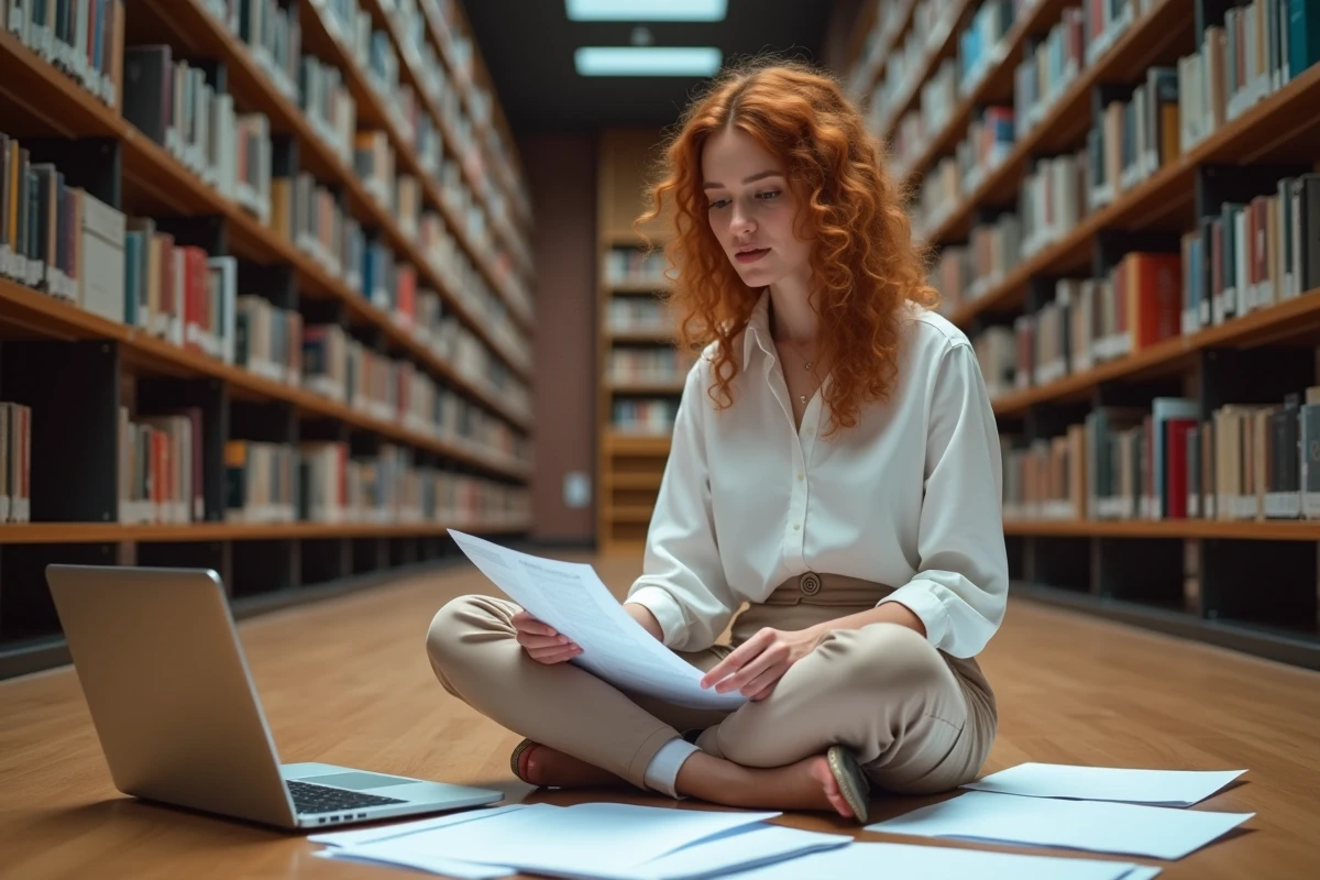 Jeune femme comparant des documents imprimés et un PDF scanné sur ordinateur dans une bibliothèque universitaire, illustrant les usages d'une plateforme de numérisation en ligne