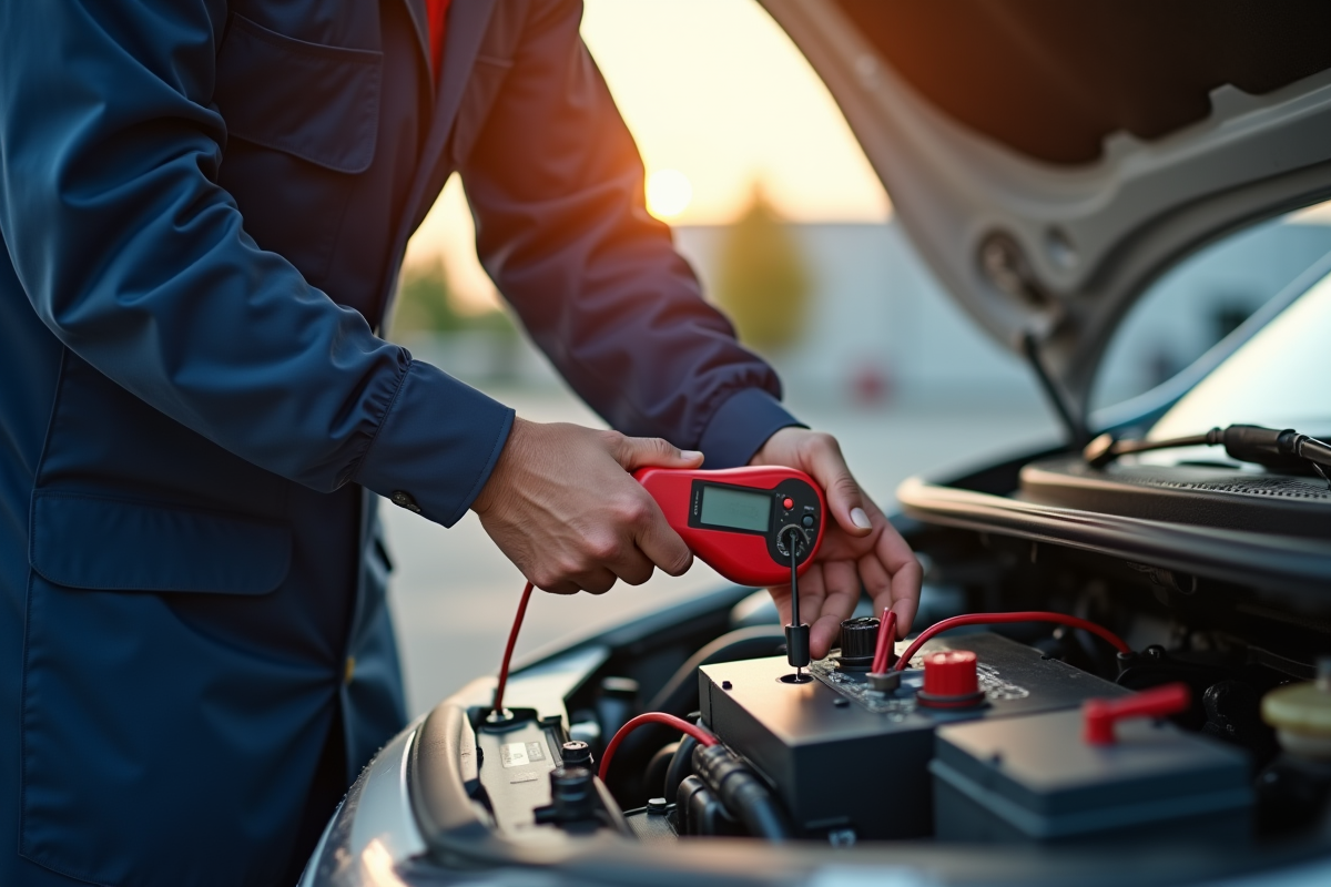 Personne vérifiant la batterie de voiture en plein jour
