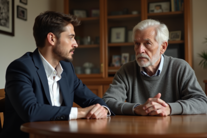 Jeune homme en costume parlant avec un homme plus âgé