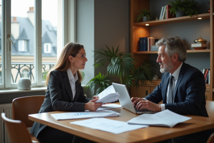 Couple d'affaires discutant à une table à Paris