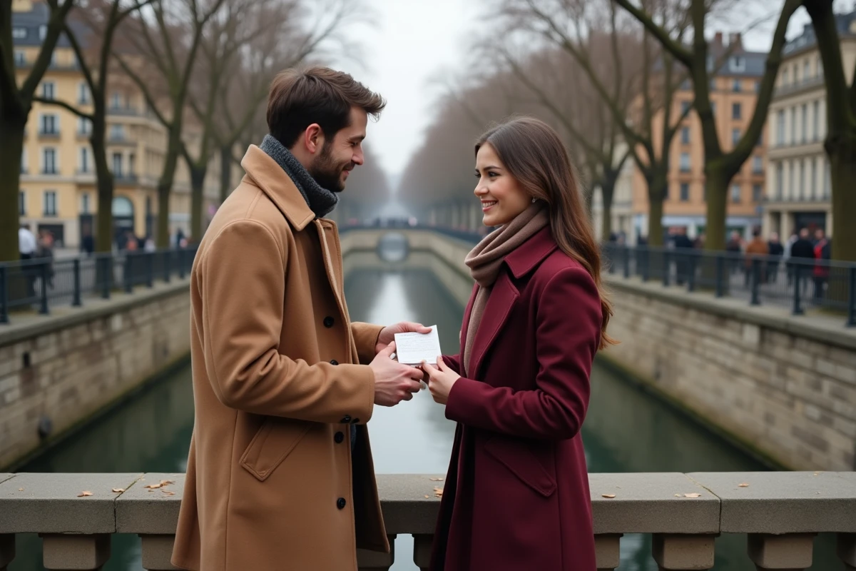 Couple amoureux échangeant un poème manuscrit sur un pont en pierre au-dessus d'un canal parisien en automne