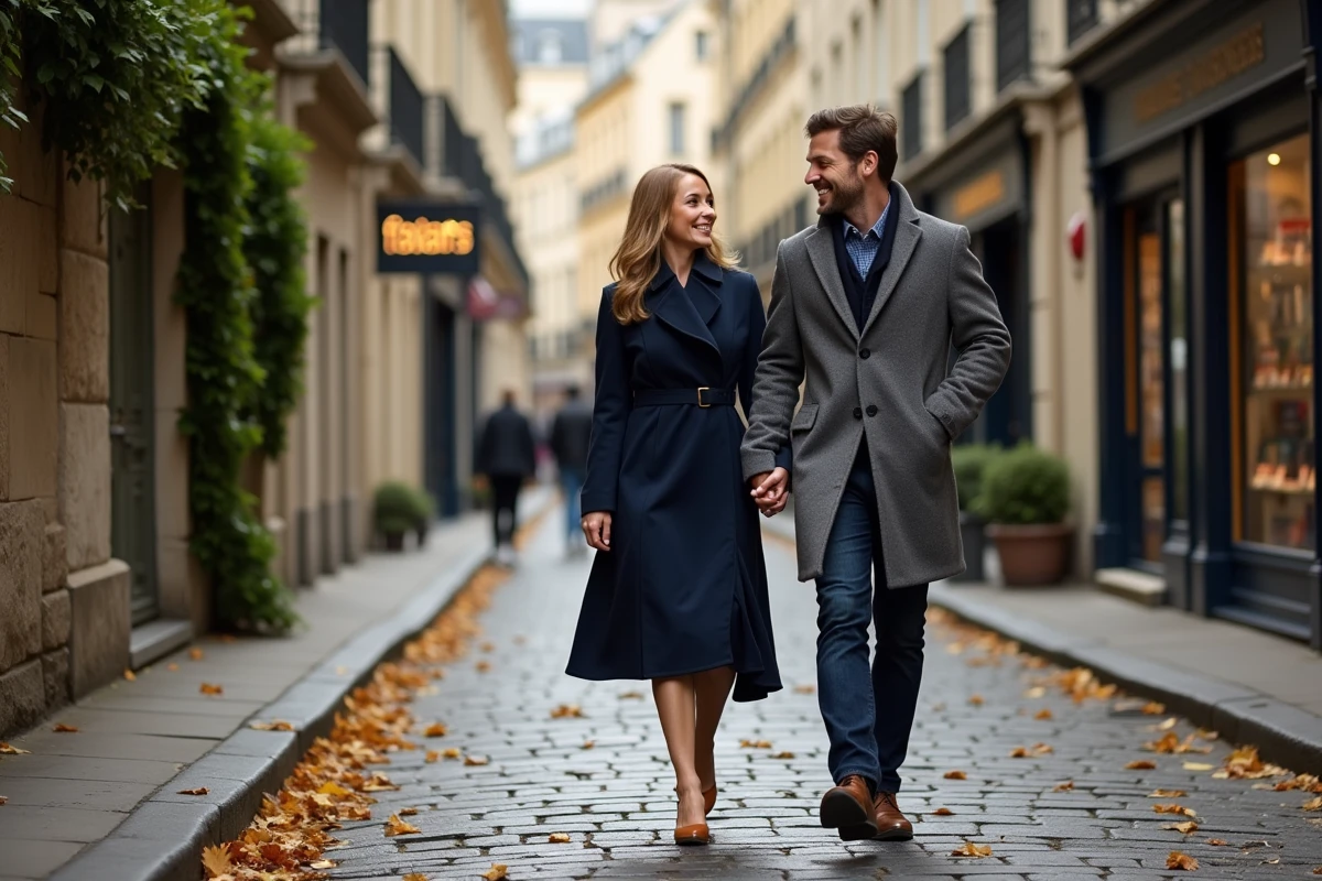 Couple élégant marchant dans une rue pavée parisienne en automne, portrait d'artistes en duo complice