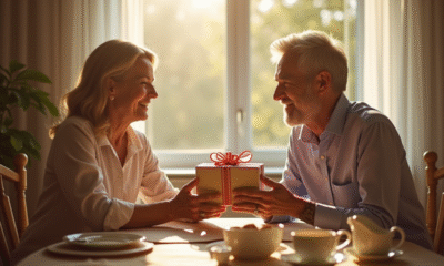Couple d'âge moyen échangeant un cadeau au petit déjeuner